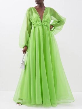STAUD Green Shelby V-Neck Maxi Organza Dress